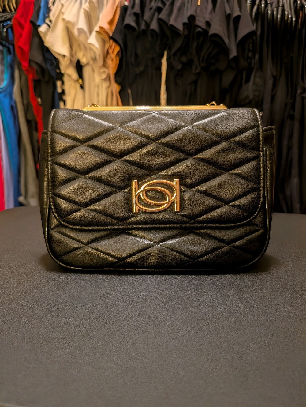 Quilted Black Leather Crossbody Bag with Gold Hardware